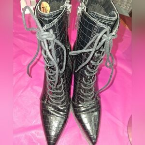 Charles David Black Croc-Embossed Lace-Up Boots